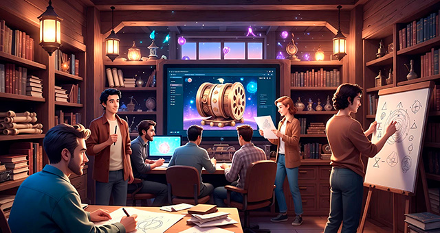 Illustration of the webUNIlink team planning new social web games in a cosy tavern setting