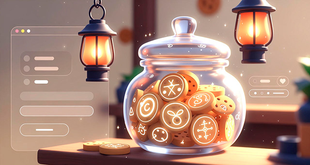 Cookie jar and glowing symbols representing website cookies in a web tavern
