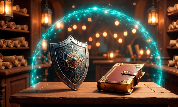 Spellbook and shield symbolising privacy and protection in a magical web tavern