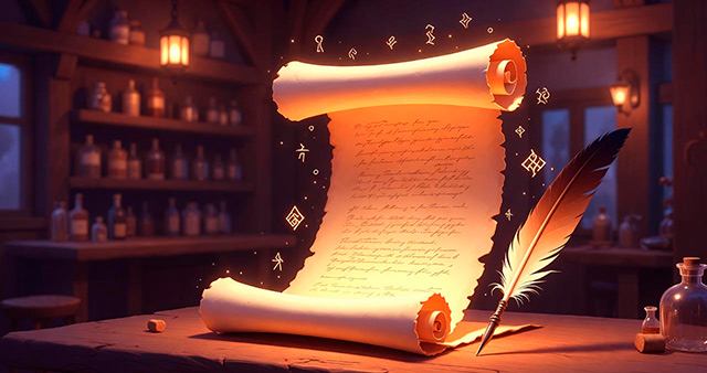Scroll with terms resting on a tavern table in a magical web world